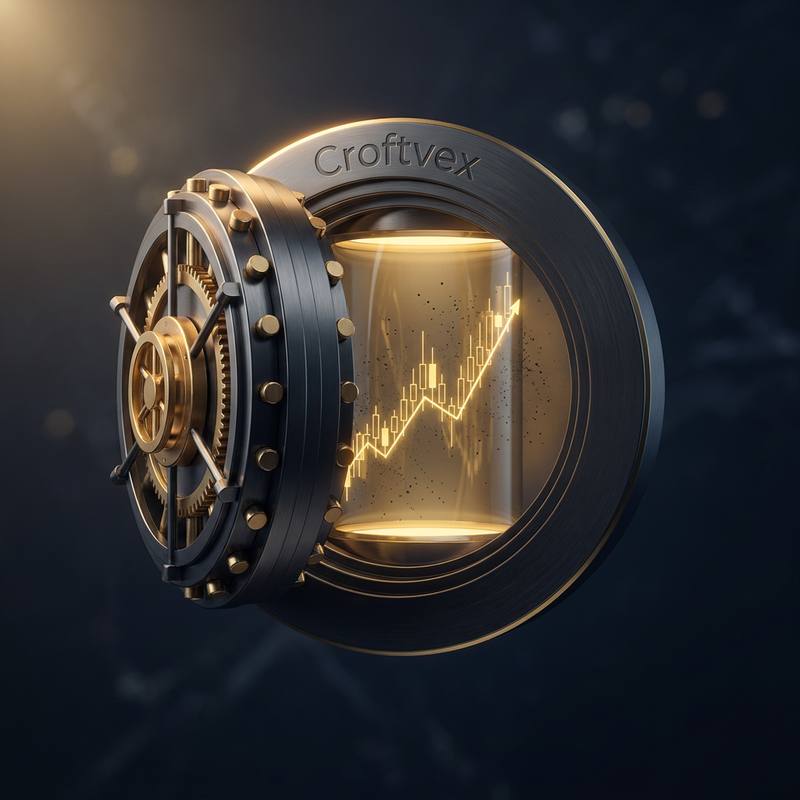 A heavy steel vault door engraved with the Croftvex name, opening onto a glowing gold candlestick chart