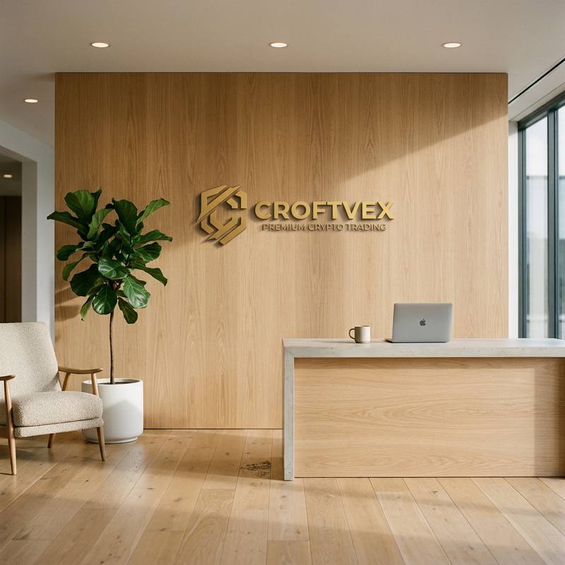 The Croftvex reception: a gold Croftvex Premium Crypto Trading sign on an oak-panelled wall, beside a reception desk and a fiddle-leaf fig