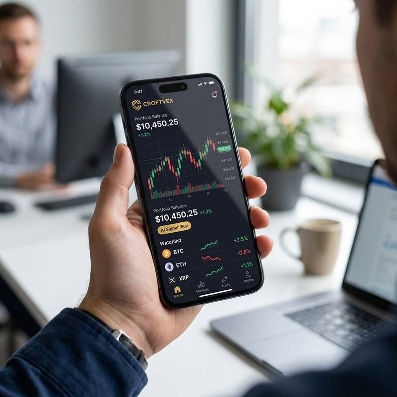 A hand holding a smartphone running the Croftvex app, with a portfolio balance, a candlestick chart and a BTC, ETH and XRP watchlist